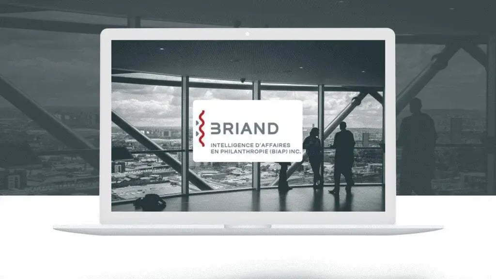 View of the Briand Intelligence d'affaires en Philanthropie (BIAP) inc. logo on a black-and-white image of people in front of large windows.