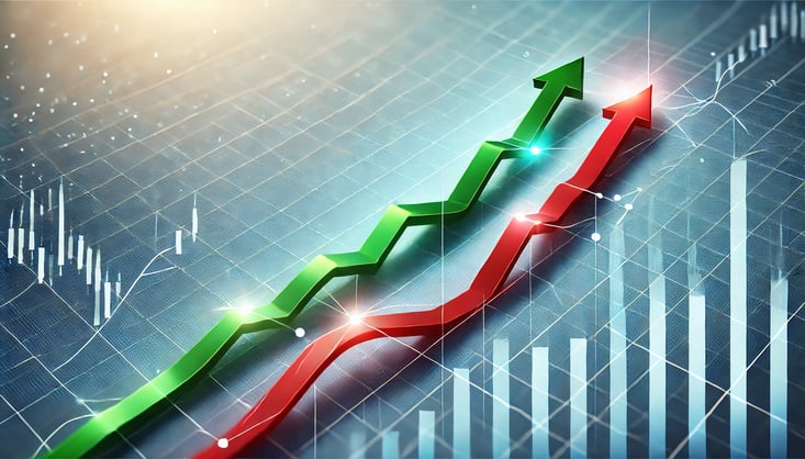 DALL-E 2024-06-26 11.37.56 - A financial chart showing two lines, one green and one red, at the bottom of the chart. These lines are apart initially but gradually merge perfectly 