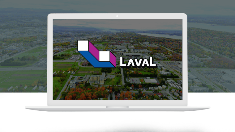 Vue du logo de la ville de Laval sur un écran d'ordinateur avec une image de fond de la ville