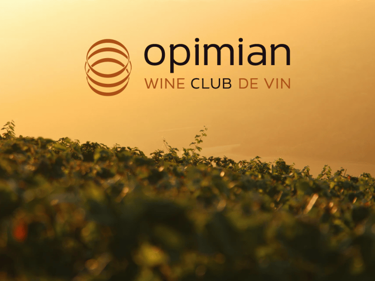 Montage image with Opimian win wine club logo with sunset vineyard image