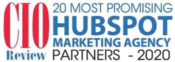 Image avec texte écrit: "CIO Review. 20 most promising HubSpot marketing agency. Partners -2020