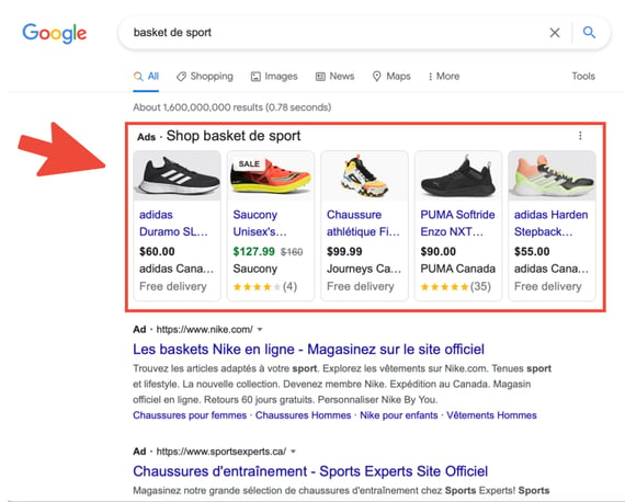 Annonces Google de souliers en résultats de recherche pour les mots basket de sport