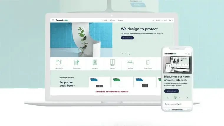 Vue du site web de Cascades Pro, sur un ordinateur et cellulaire