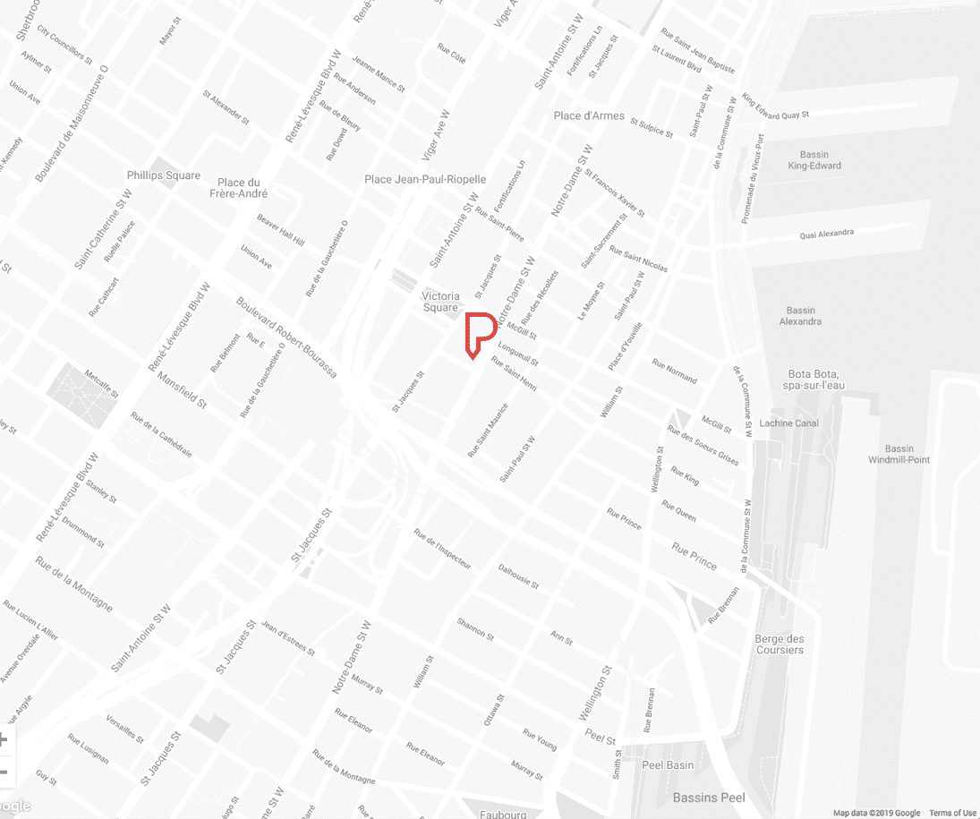 Carte géographique de Montréal, avec un P pour localiser Parkour3