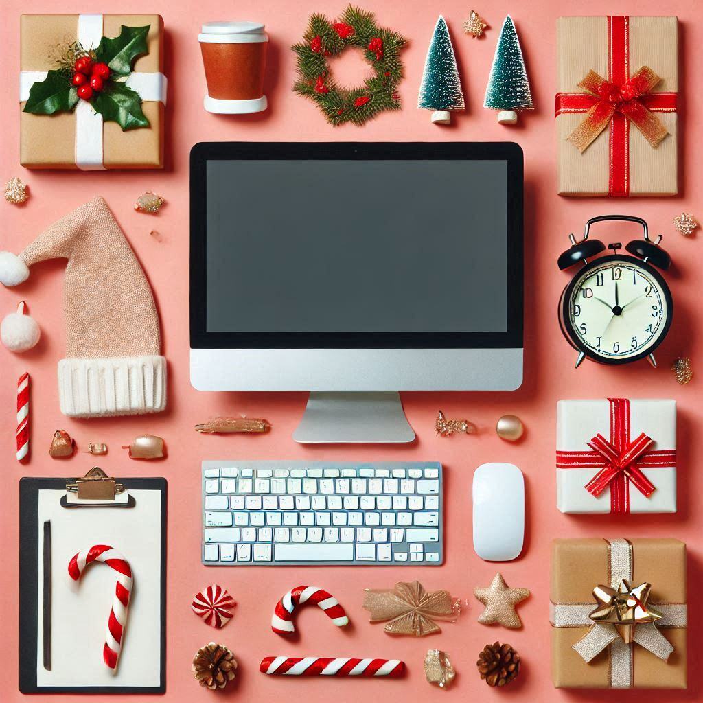 minimalist festive image with marketing elements and a computer, without any text