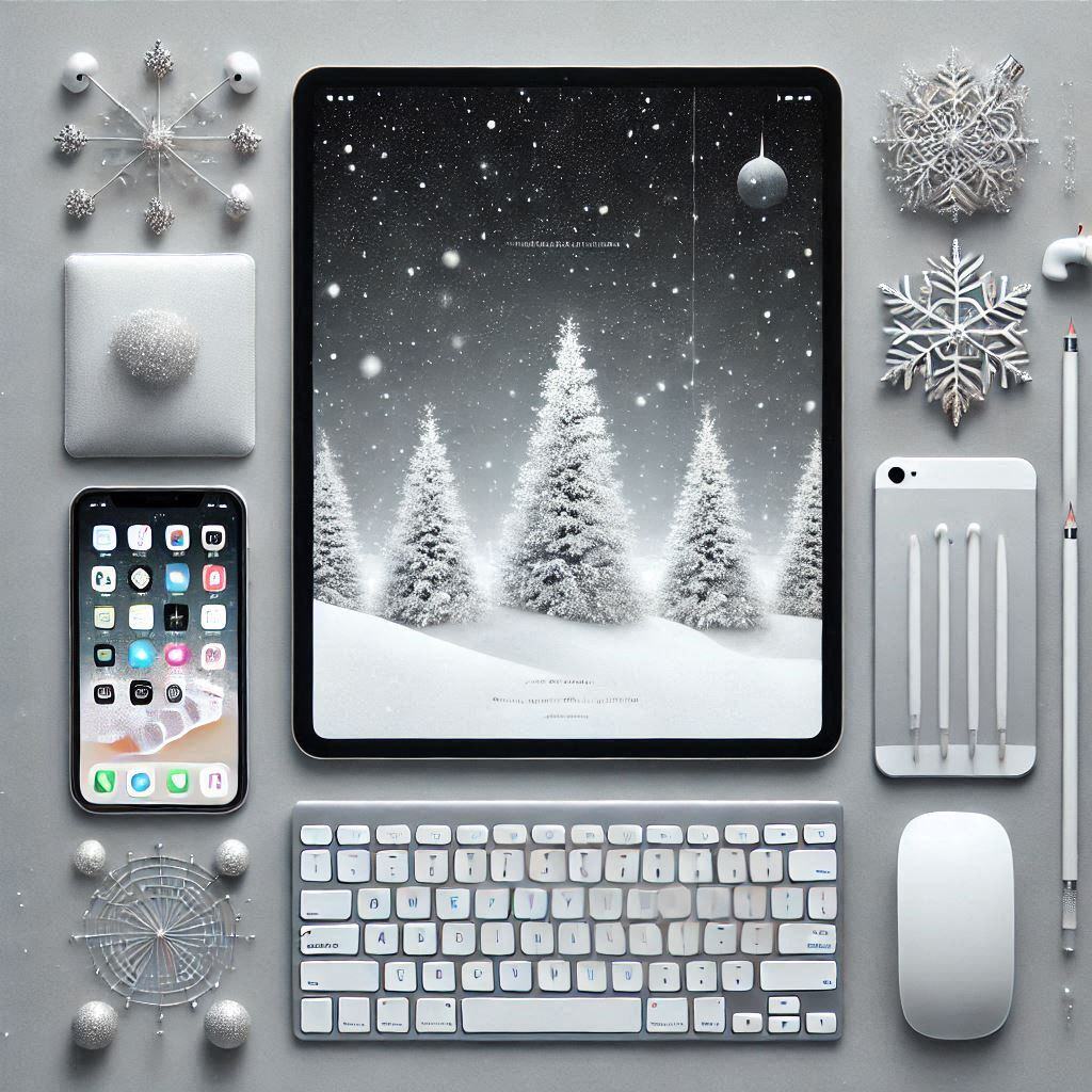 minimalist winter theme with white glitters, no trees, technology theme