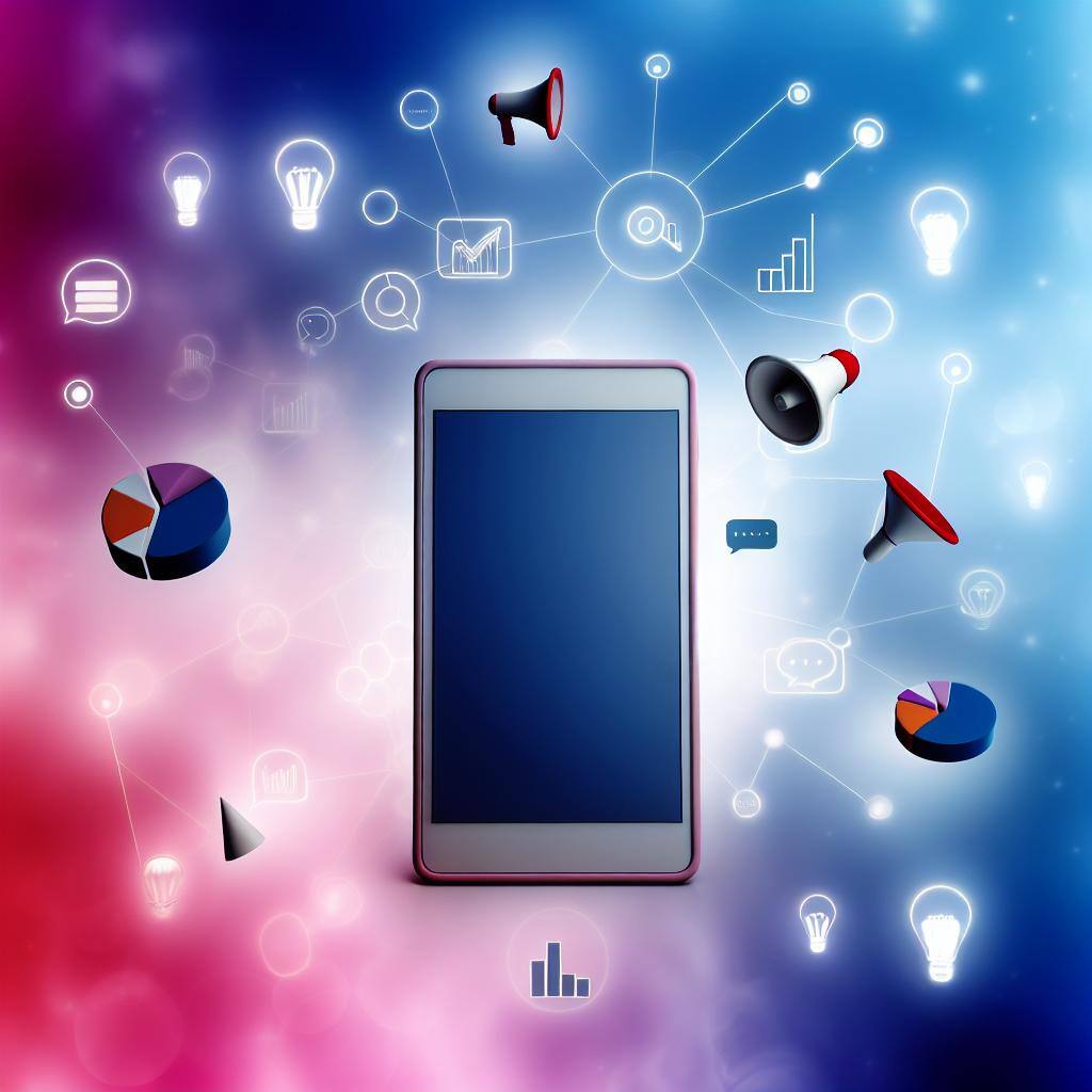 A mobile phone surrounded by a delicate blend of rose and blue hues, adorned with various marketing icons floating around it, symbolizing innovative strategies to unlock the full potential of mobile marketing. 