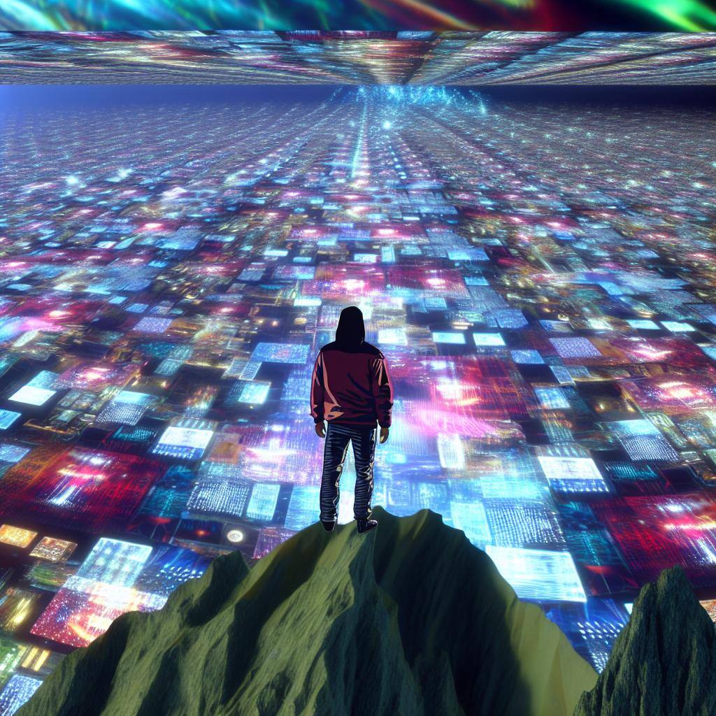 A person standing on top of a mountain, looking out at a vast landscape of digital screens and technology.