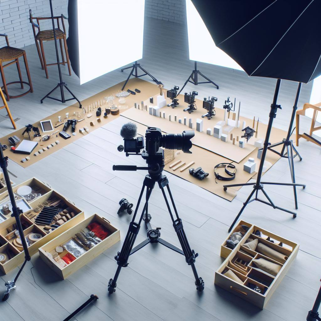 A professional setup for filming a marketing video, featuring a camera mounted on a tripod with various props and equipment neatly arranged around it.